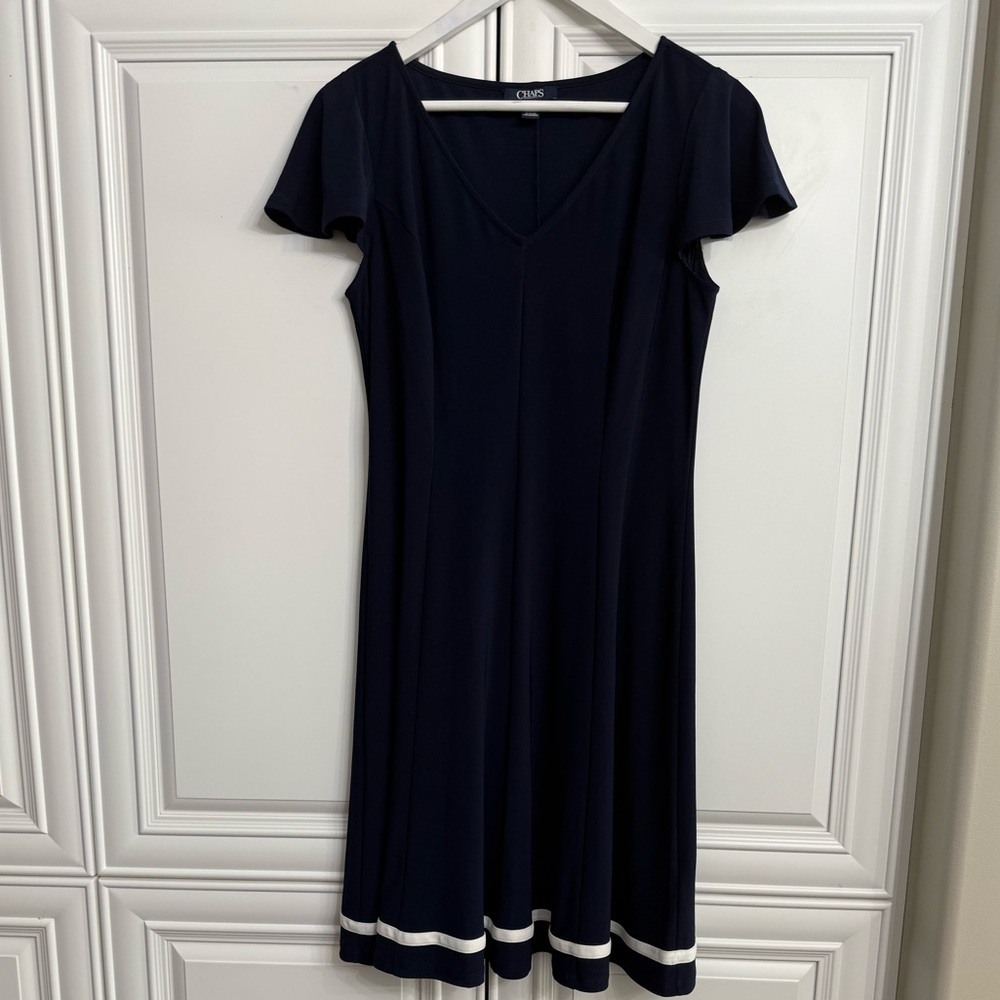 Chaps Sz Medium Navy w/White Stripe Midi Length Flutter Sleeve Dress Fit+ Flare
